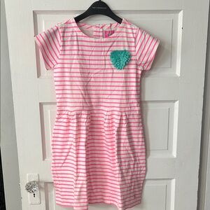 Joules Pink and White Striped Dress with Teal Heart
